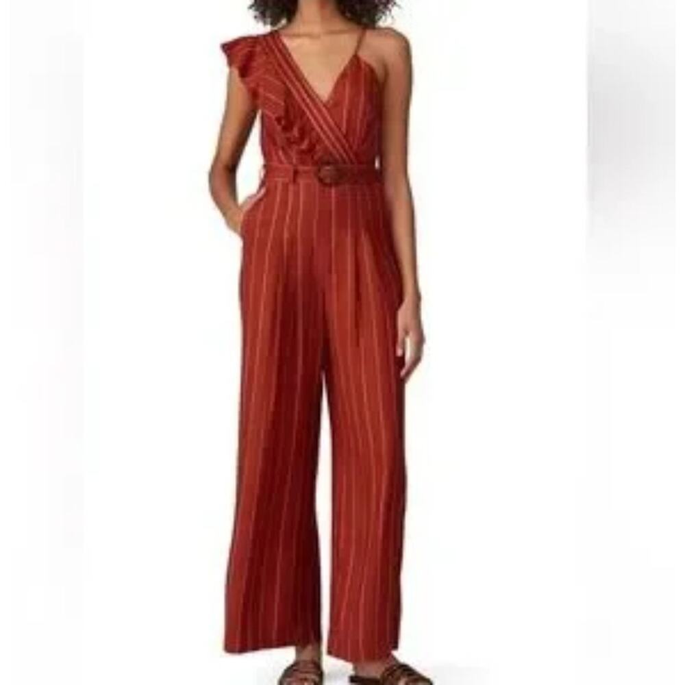 Three Floor Margaux Burgundy Rust Striped Sleeveless Ruffle Belted Jumpsuit Sz 8